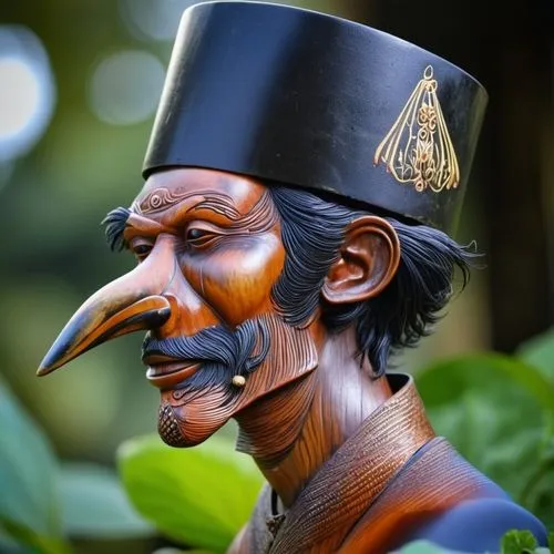 Petruk is a funny character from the world of wayang in Java. of Javanese ethnicity with prominent physical characteristics: his body is thin and tall, his nose is long, his face is long, his hair is 