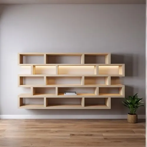 the shelves are neatly arranged on a gray wall,wooden shelf,shelving,bookcase,bookshelf,shelves,bookcases,Photography,General,Realistic