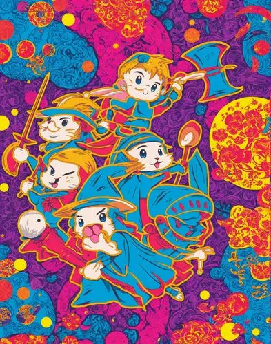 ratoncitos,the wizard who is surrounded by other cartoon characters,doremi,osomatsu,zooropa,candy pattern,kimono fabric,soffiantini,Illustration,Japanese style,Japanese Style 04