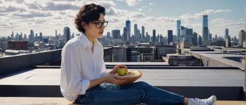 woman eating apple,big apple,on the roof,pear cognition,rooftop,roof top,rooftops,roof terrace,girl picking apples,city pigeon,digital compositing,city ​​portrait,city view,woman holding pie,roof garden,above the city,roof landscape,block balcony,highline,hudson yards,Photography,Fashion Photography,Fashion Photography 20