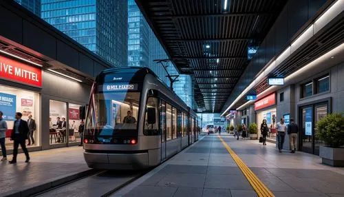 Modern tram station, sleek metal architecture, brushed aluminum surfaces, stainless steel accents, matte black finishes, LED lighting systems, vibrant neon signs, urban cityscape, busy streets, natura