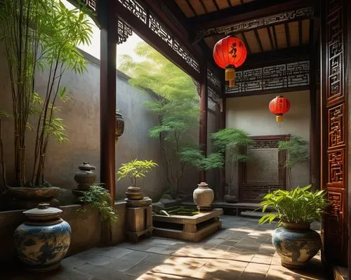 wudang,dojo,qingcheng,asian architecture,yinzhen,teahouse,qibao,longshan,teahouses,sanshui,fengshui,oriental,bamboo plants,qingming,yunnan,oriental painting,buddhist temple,taoist,baoqing,wenhao,Illustration,Retro,Retro 11