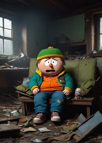 Cursed Cartman, chubby cheeks, messy brown hair, evil grin, freckles, green jacket, orange hat, ripped blue jeans, worn-out sneakers, sitting on a destroyed couch, abandoned house, broken toys, trash 