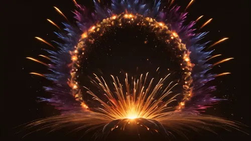 multi color Firework explosion, fire, water, element, crystal see through solar system galaxy black hole oasis dragon, magical symbol, black backdrop,pyrotechnic,fireworks art,fireworks background,fir