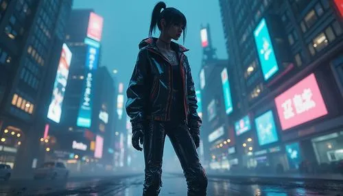 cyberpunk,akira,synth,noir,protagonist,walking in the rain,oneko,pedestrian,cityzen,dusk,nico,polara,synthetic,tokyo city,futuristic,cybercity,vapor,urban,in the rain,shinjuku,Photography,General,Realistic