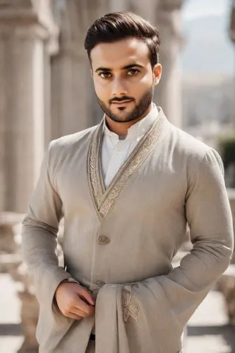 an attractive man standing in front of columns with his hands on his hips,sherwani,ranveer,kurta,emraan,nawab,aamir,Photography,Realistic