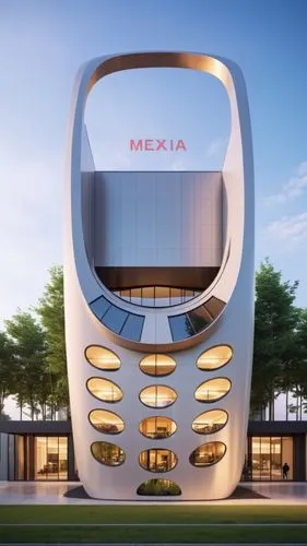 The building is a sleek, ultramodern structure characterized by elegant curves and smooth, reflective surfaces. Its minimalist design features clean lines and a glossy finish, giving it a futuristic a