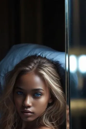 Su hermoso reflejo en un gran espejo,the beautiful woman with blue eyes is sitting near the glass,ciara,doll looking in mirror,mayhle,outside mirror,blonde woman,in the mirror