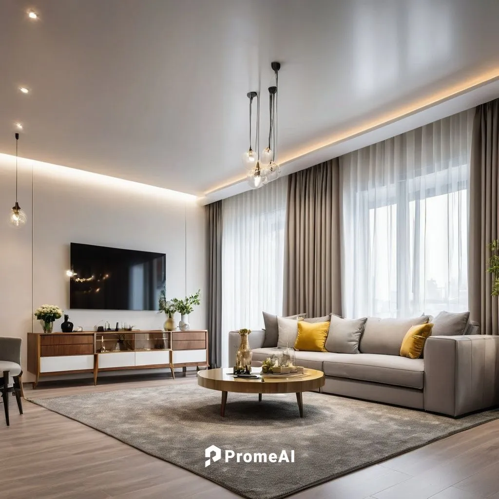 design an interior vibrant living room 4.5 meter wide and 7.5 meter length with big window on the front,wall and ceiling,curtain color is white the floor is grey,modern living room,contemporary decor,