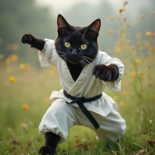 一隻Q版黑貓穿白色功夫服黑色腰帶跌倒的滑稽畫面,a cat is dressed in martial clothing and posing for the camera,cat warrior,karateka,karate,martial arts,kungfu,jitsu