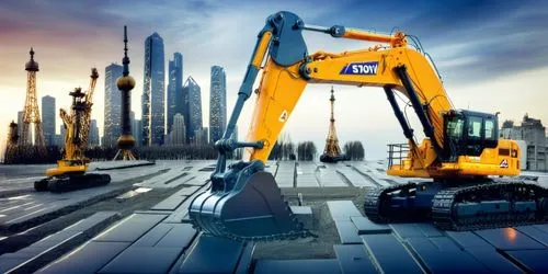 Excavator, dusk, sunset,yellow excavattor standing next to a black and blue machine,excavators,two-way excavator,kobelco,construction equipment,yellow machinery,construction machine