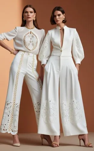 Fashion show ,two women standing next to each other wearing white dresses and matching outfits,tahiliani,jumpsuits,pantsuits,caftans,caftan,priestesses,Photography,General,Realistic