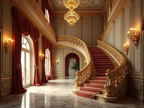 Luxurious mansion, grand staircase, intricately carved wooden banisters, ornate chandeliers, lavish furnishings, velvet drapes, golden accents, marble floors, high ceilings, crystal windows, elegant a