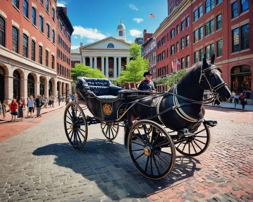 Historic architecture, Boston city tour, daytime, sunny weather, blue sky with white clouds, Freedom Trail, Faneuil Hall, Quincy Market, Old State House, brownstone buildings, ornate facades, grand co