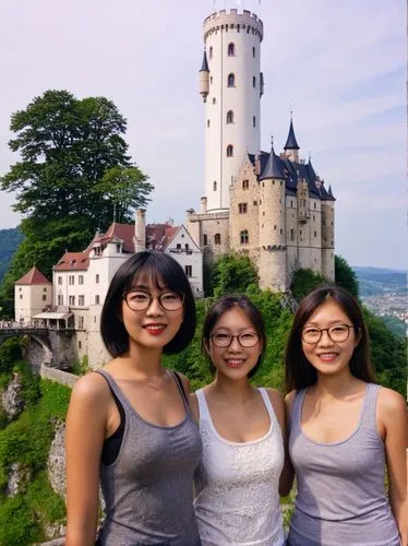 Asian tourist girls in front of Lichtenstein Castle.,three young women standing on the side of a road,neuschwanstein,eurasians,neuschwanstein castle,asiaticas,germany,rheinland,Conceptual Art,Daily,Da