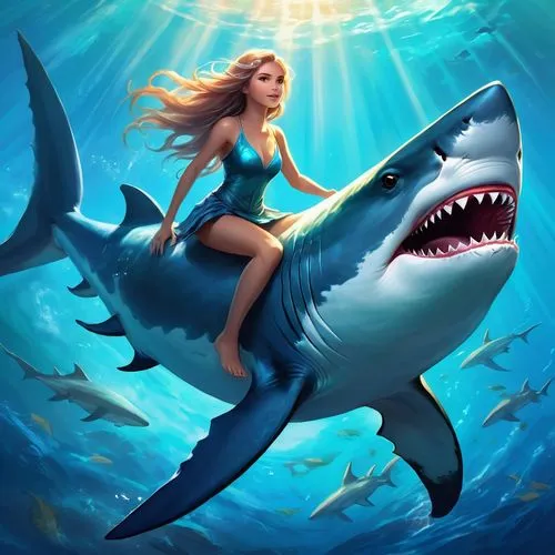 temposhark,girl with a dolphin,nekton,mayshark,requin,underwater background,megalodon,great white shark,shark,seaquarium,semiaquatic,carcharodon,fantasy picture,mermaid background,tiburones,ijaws,marine animal,god of the sea,mermaid vectors,dolphin rider,Illustration,Realistic Fantasy,Realistic Fantasy 01