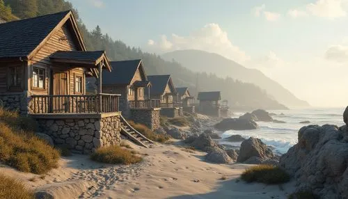 house by the water,shorefront,cliffside,cryengine,wooden houses,summer cottage,seaside country,beachfront,mountain settlement,seahaven,render,seaside resort,dreamhouse,butka,syberia,chalet,mountain beach,coastline,oceanfront,seaside view,Photography,General,Realistic