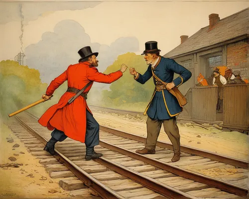 game illustration,reenactment,locomotion,vintage illustration,dispute,duel,western riding,waterloo,pilgrims,vintage ilistration,stage combat,frock coat,two-man saw,railroad engineer,country-western dance,shoemaker,the pied piper of hamelin,cossacks,assassination,red coat,Illustration,Retro,Retro 19