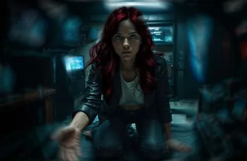 red hair,woman with red hair and dark clothing sitting on floor,clary,romanoff,maximoff,wynonna,soma,witchblade