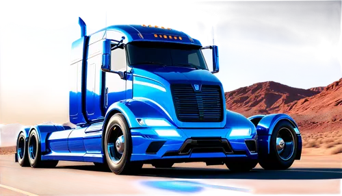 Transport truck, big wheels, shiny metallic body, blue stripes, headlights on, driving pose, dynamic movement, morning light, cinematic composition, shallow depth of field, high contrast, vibrant colo