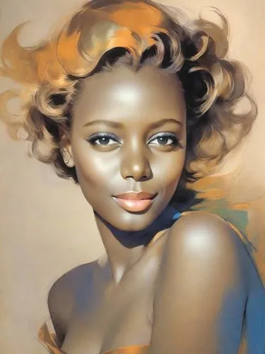 one line art, flowing lines, rolf armstrong,a painting of a young african woman with large curls,tretchikoff,airbrush,currin,african american woman,airbrushing,colorism,afro american girls,afro americ