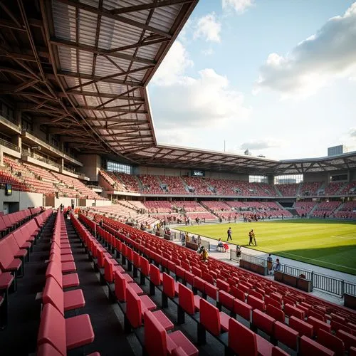 Modern constructivist stadium, dynamic angular architecture, cantilevered roofs, exposed steel beams, minimalist seating design, vibrant red seats, ergonomic chair shapes, tiered stands, optimal crowd