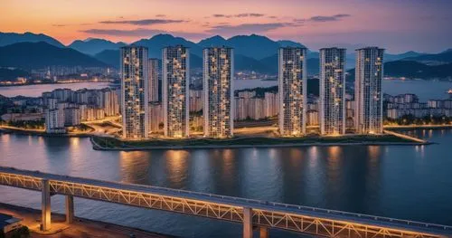 Aerial view that illustrates high-rise apartment buildings in front of the riverside. Vehicles on the bridge. There's mountain behind the apartment buildings.,chongqing,da nang,hong kong,heart of love