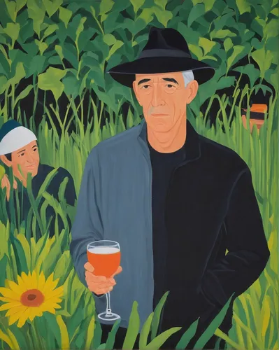 Imagine a comedic scene where a mischievous K￶hler plays pranks on unsuspecting villagers.,grant wood,winemaker,farmer in the woods,farmer,immerwurzel,fädelspiel,waldmeister,the production of the beer