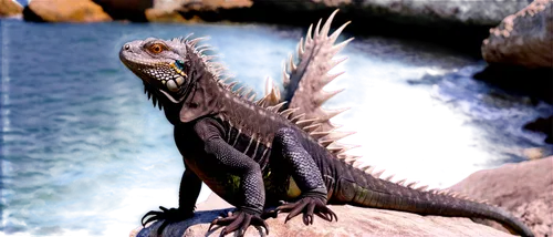 Black iguana, scaly skin, green eyes, spiky back, long tail, muscular legs, sharp claws, sitting on a rock, morning sunlight, 3/4 composition, soft focus, earthy tone, cinematic lighting.,sotir,dromae