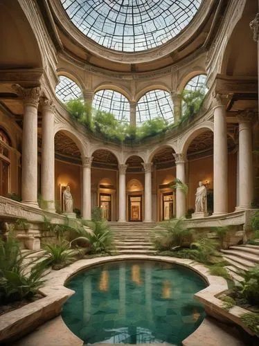 marble palace,wintergarden,atriums,winter garden,glyptotek,philbrook,cochere,conservatory,floor fountain,nemacolin,leterme,phipps,roman bath,hamam,neoclassical,archly,palatial,spa water fountain,pools,luxury bathroom,Illustration,Realistic Fantasy,Realistic Fantasy 45