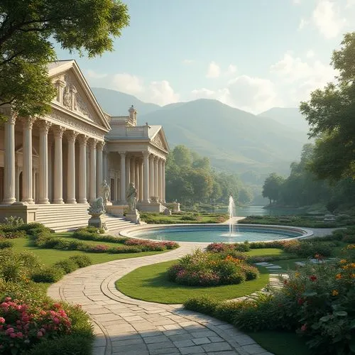 greek temple,neoclassical,marble palace,artemis temple,ephesus,arcadia,neoclassicist,palladianism,house with caryatids,neoclassicism,neoclassic,peristyle,panagora,palladian,rivendell,home landscape,water palace,classical antiquity,istana,classicist,Photography,General,Realistic