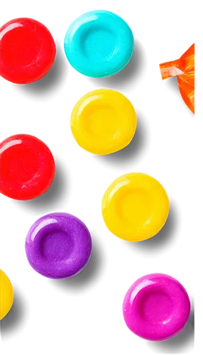 Colorful candy, solo, round shape, glossy surface, transparent wrapper, sweet expression, macro shot, bright colors, soft focus, shallow depth of field, warm lighting, 3/4 composition, isolated on whi