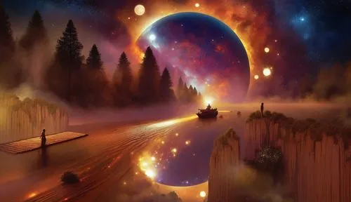 sexy beautiful black woman nude,man looking at an alien landscape with glowing lights,fantasy picture,the mystical path,fantasy landscape,road of the impossible,fantasy art,world digital painting,Illu