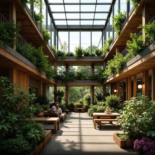 Vibrant coffee shop, lush green roofs, thriving plants, natural insulation, energy-efficient systems, modern architecture, large skylights, warm wooden accents, cozy atmosphere, comfortable seating ar