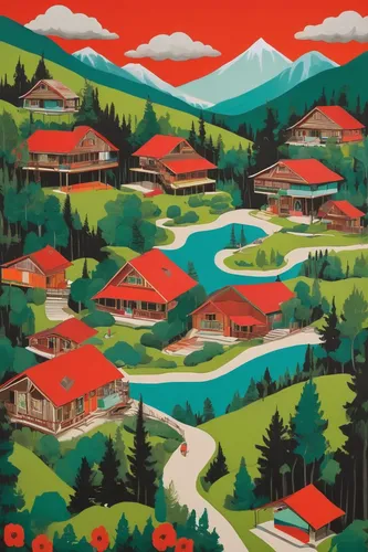 khokhloma painting,triberg,travel poster,tarasp,sinaia,slovak tatras,escher village,bucegi,bansko,sapa,bucovina,transilvania,sochi,zermatt,ticino,alpine village,tatras,mountain village,whistler,valais,Illustration,Vector,Vector 20