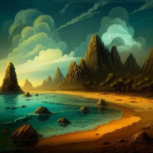 some type of landscape on the water with rocks,dune landscape,cartoon video game background,an island far away landscape,fantasy landscape,dune sea,beach landscape,Illustration,Abstract Fantasy,Abstra