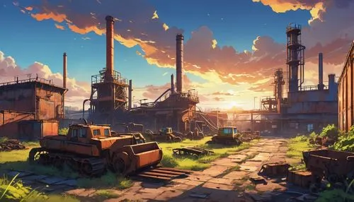 industrial landscape,refineries,oil refinery,refinery,cosmodrome,industrialization,wastelands,factories,chemical plant,industriels,wildstar,wasteland,heavy water factory,industries,industrial ruin,industrielle,shipyards,industrial plant,industrialism,oilfields,Illustration,Japanese style,Japanese Style 03