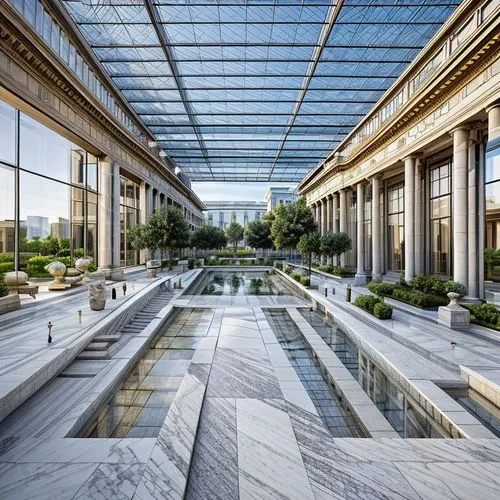 marble palace,glass roof,conservatory,glass building,orangery,roof garden,glass facade,reflecting pool,glass wall,glass facades,villa farnesina,roof landscape,winter garden,terrace,roof terrace,greenh