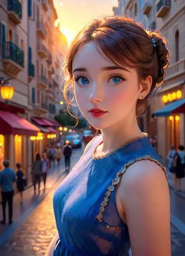 a young caucasian woman 26 years old, brown hair, blue eyes, red lips, wearing a blue dress, stand up in a street of Monaco city at sunset as background in 4k,princess anna,cinderella,elsa,world digit