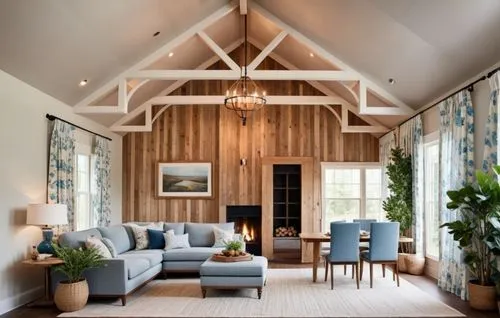 a living room with couches, coffee table and chairs,wooden beams,vaulted ceiling,fromental,highgrove,contemporary decor,family room,Photography,General,Cinematic