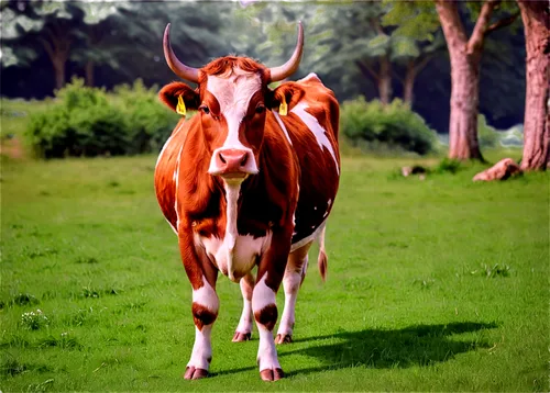 Cow, standing, brown fur, white patches, horns, gentle eyes, rural setting, green grass, sunny day, shallow depth of field, warm lighting, cinematic composition, HD texture, realistic detail, close-up