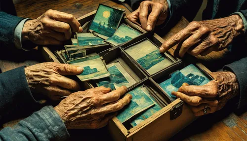 The old hands patiently sorted through a box of faded photographs.,old hands,crypto mining,treasure chest,card lovers,transaction,eth,altcoins,burning money,old trading stock market,money heist,the co