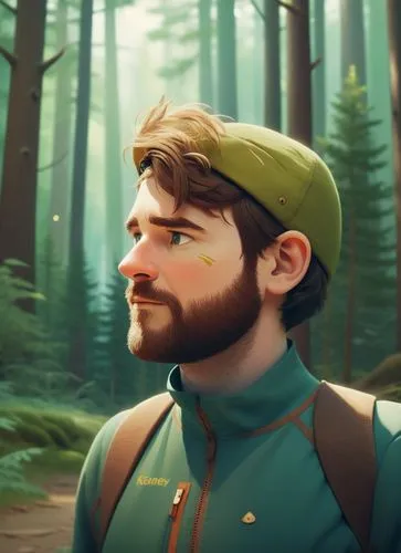 a 45 years old man walking in forester clothing, wearing a cap in a mountain forest. Full body,a young man with a green hat is staring ahead,kovic,yogscast,forest man,lumberjax,friedemann,mathas,Illus