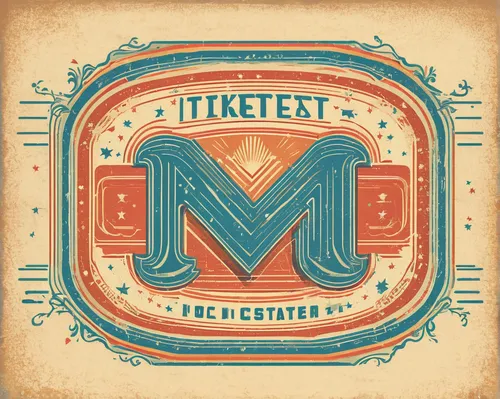 Create a vintage-style Ticketmaster logo with a retro touch.,m badge,ticket,meta logo,mountain lake will be,cd cover,drink ticket,matchbox,tickets,typography,mexican hat,letter m,memphis pattern,proje