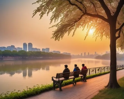 Scenic riverside, architectural landmarks, sightseeing ferry, 1km-5km shoreline, evening time, golden hour, warm lighting, soft mist, tranquil atmosphere, lush greenery, blooming flowers, vibrant colo