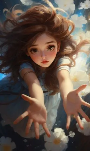 hand digital painting,little girl in wind,falling flowers,underwater background,hoshihananomia,digital painting,aerith,mystical portrait of a girl,world digital painting,floaty,underwater,float,water nymph,girl in flowers,flying dandelions,waving,siren,cielo,adrift,girl with speech bubble,Conceptual Art,Fantasy,Fantasy 12