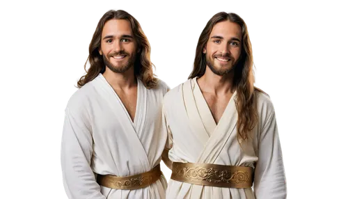 Jesus Christ, holy, bearded, long hair, white robe, golden sash, sandals, gentle smile, kind eyes, benevolent facial expression, soft focus, warm lighting, subtle glow, Renaissance-style, detailed tex