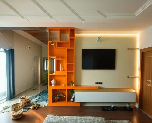 console and partition design,  add  tv with grey  textured paint to  wall in front, design a partition right next to the front wall, add console below the tv, blue is tv location, orange is porous par