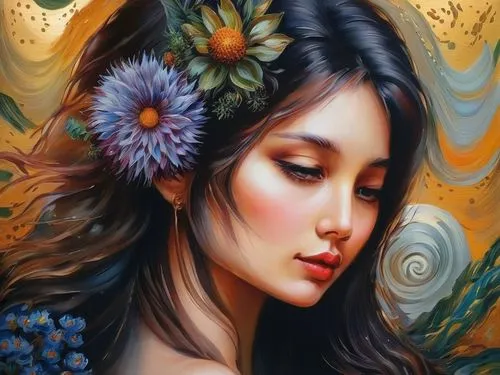 flower painting,girl in flowers,boho art,girl in a wreath,fantasy portrait,beautiful girl with flowers,mystical portrait of a girl,art painting,romantic portrait,oil painting on canvas,vietnamese woma