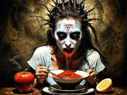 woman eating apple,gorgoroth,mudvayne,appetite,jordison,dark mood food,Illustration,Realistic Fantasy,Realistic Fantasy 33